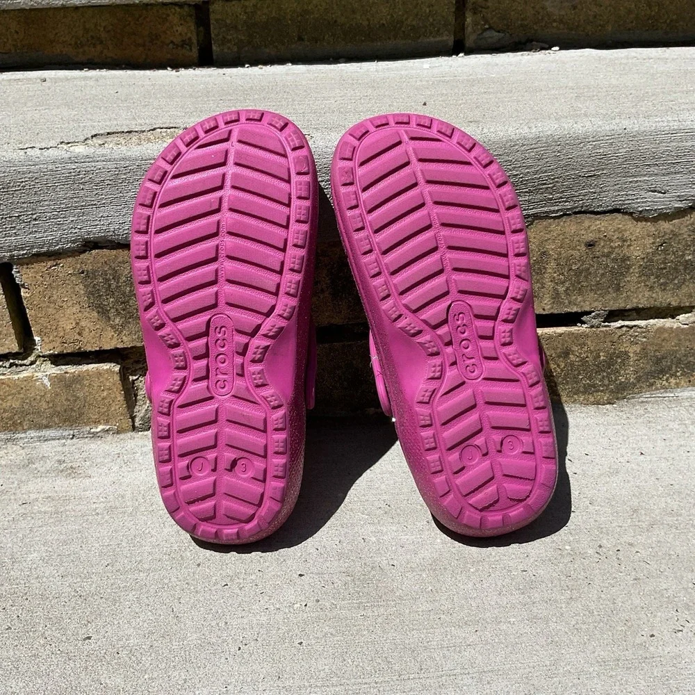 Crocs Youth Classic Fur Lined Pink‎ Clog Sparkle Glitter Fuzzy Size Junior 3